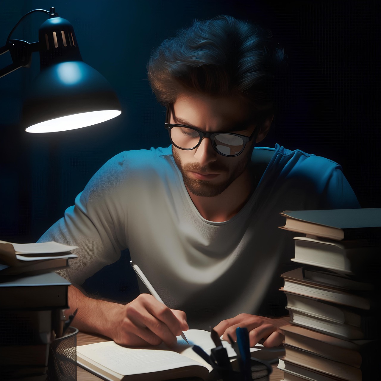 社会人が夜に勉強しているイラスト