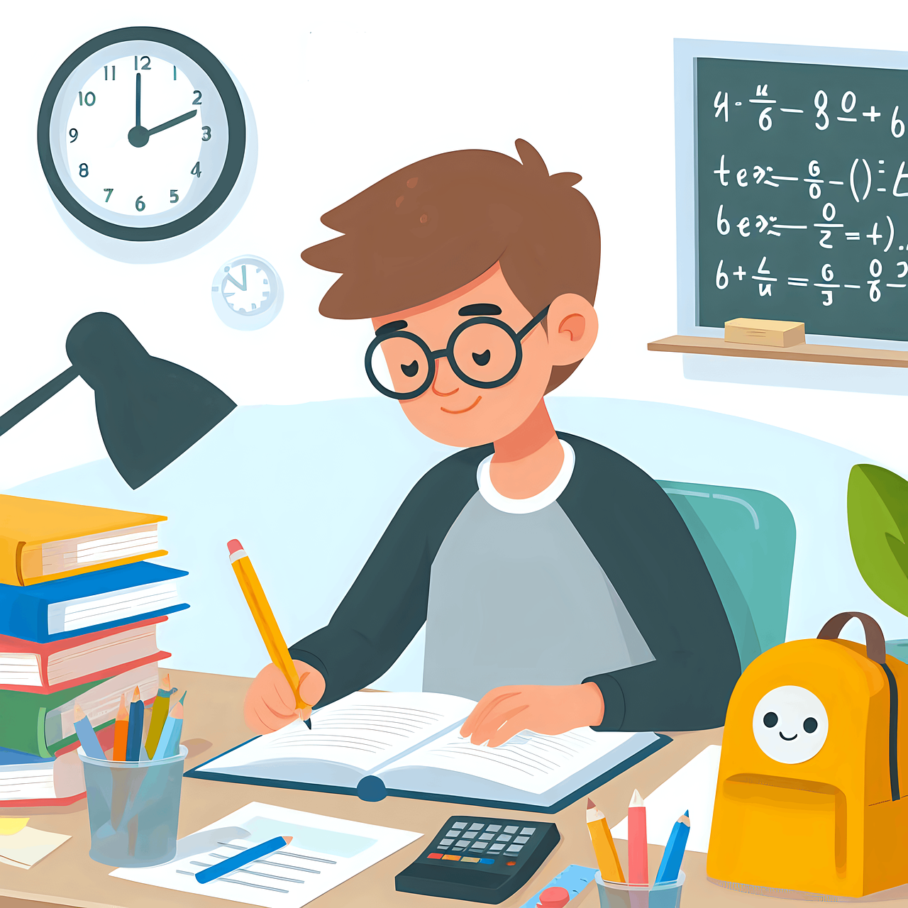 机で簿記の勉強をしている学生のイラスト