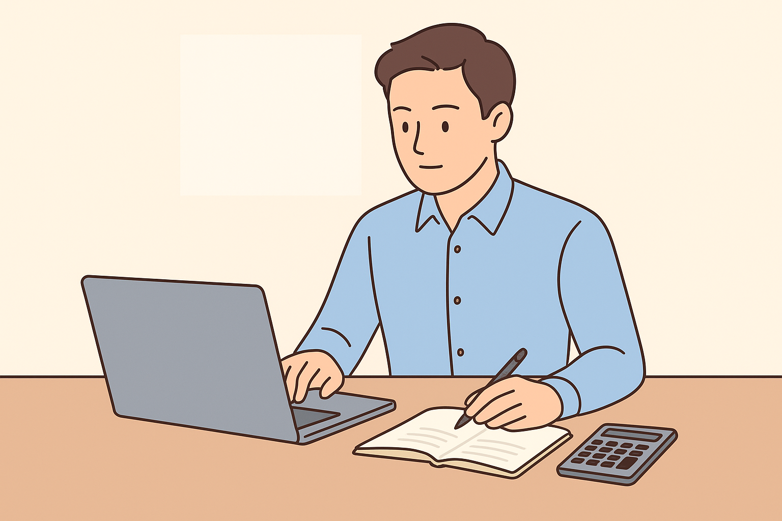  簿記3級 活かし方 事例 オンラインで簿記を学ぶ社会人のイラスト