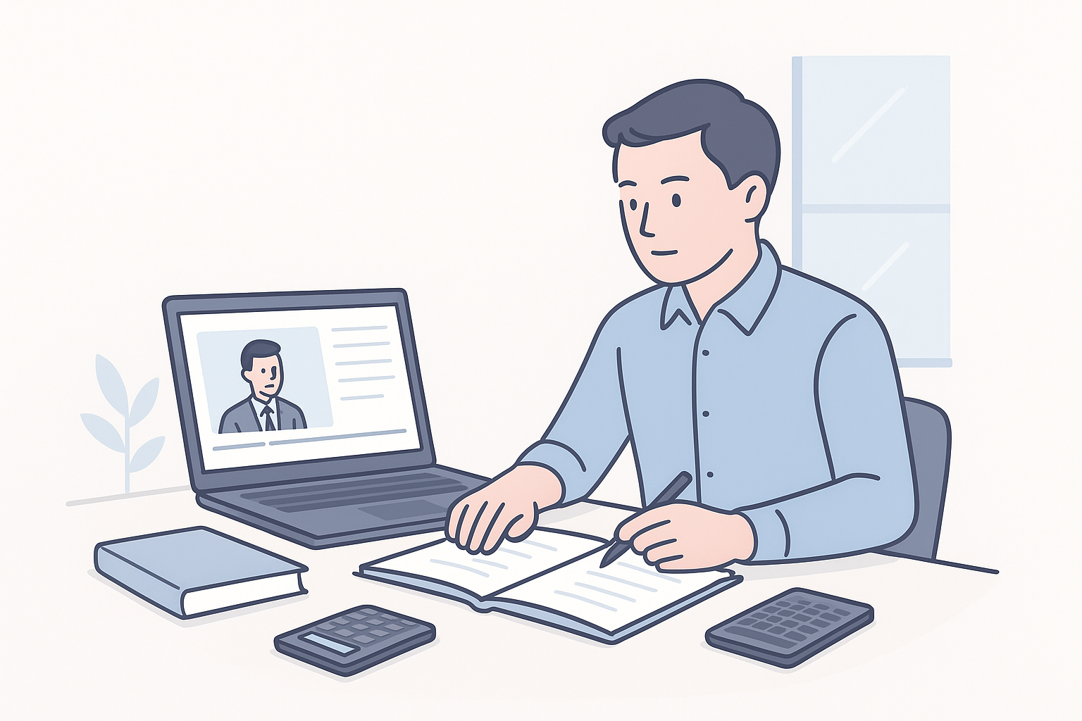 簿記2級の勉強をオンライン講座で進める社会人のイラスト