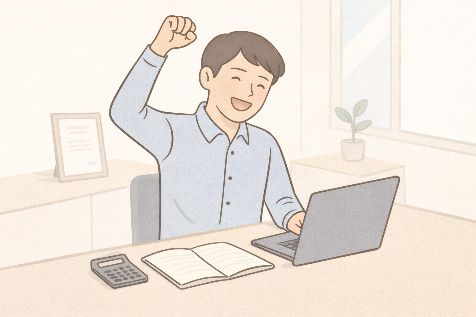 簿記3級に合格して前向きになった社会人のイラスト