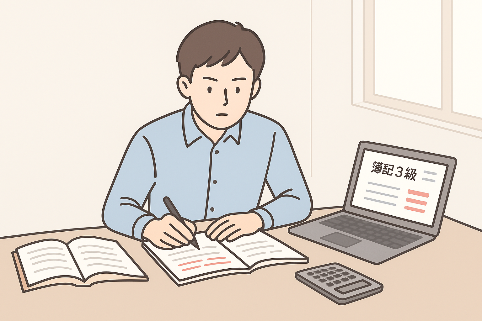 簿記3級の間違えた問題を見直す社会人のイラスト